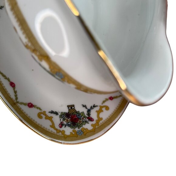 VTG Royal Bayreuth Bavaria Gravy Boat W/ Attached Plate Gold Trim Floral - Picture 5 of 13